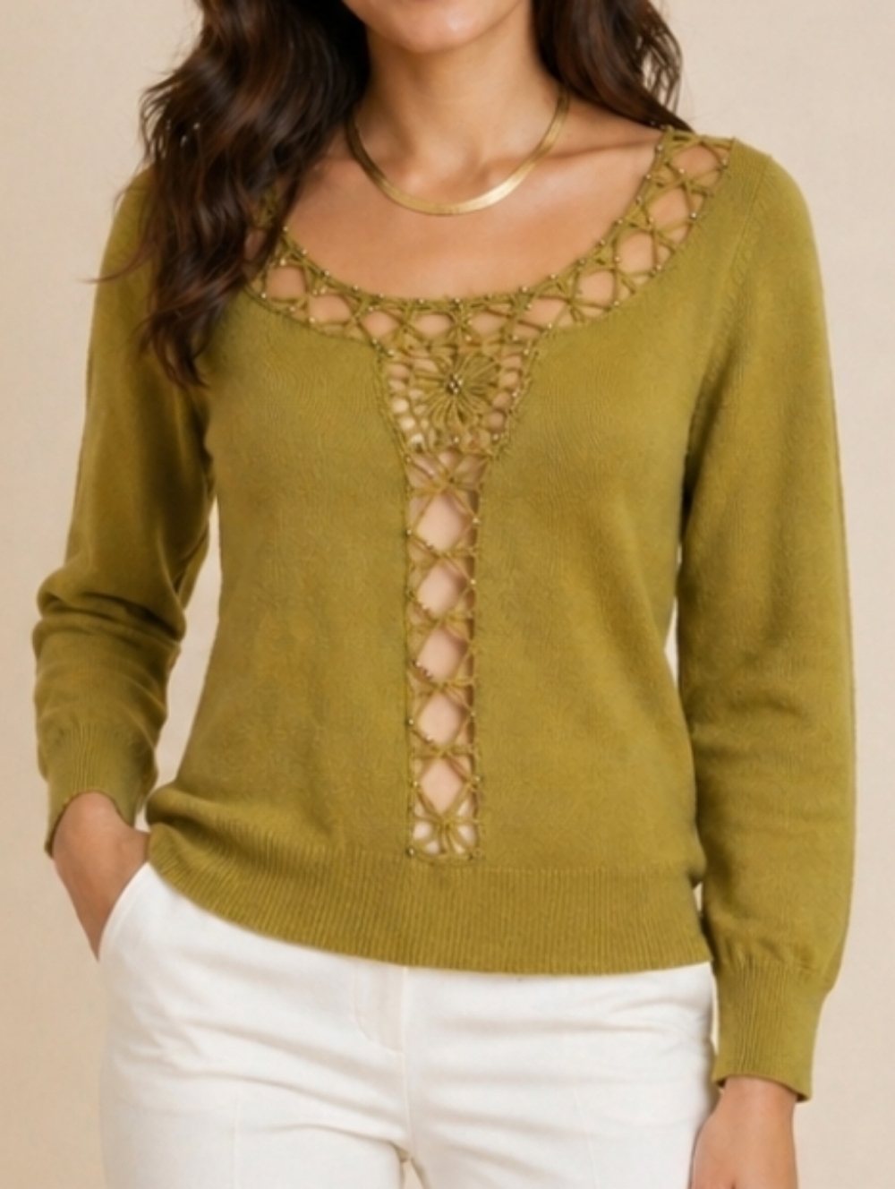 Bead Embellished Crochet Front Sweater